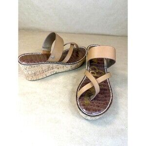 Sam Edelman Rayna Women's Brown Leather Cork Wedge Platform Sandals Size 8